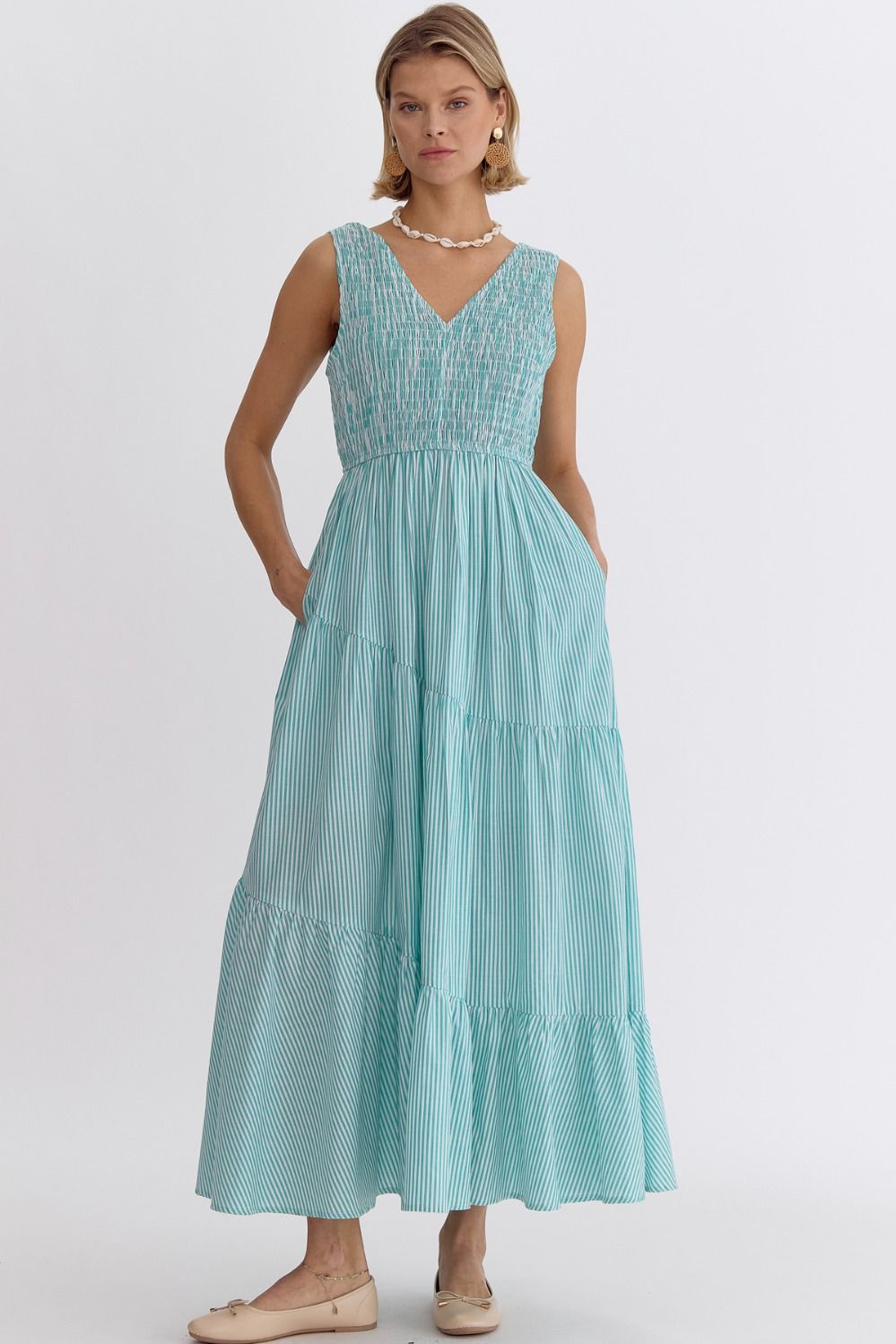 The Teal Stripe Sleeveless Midi Dress