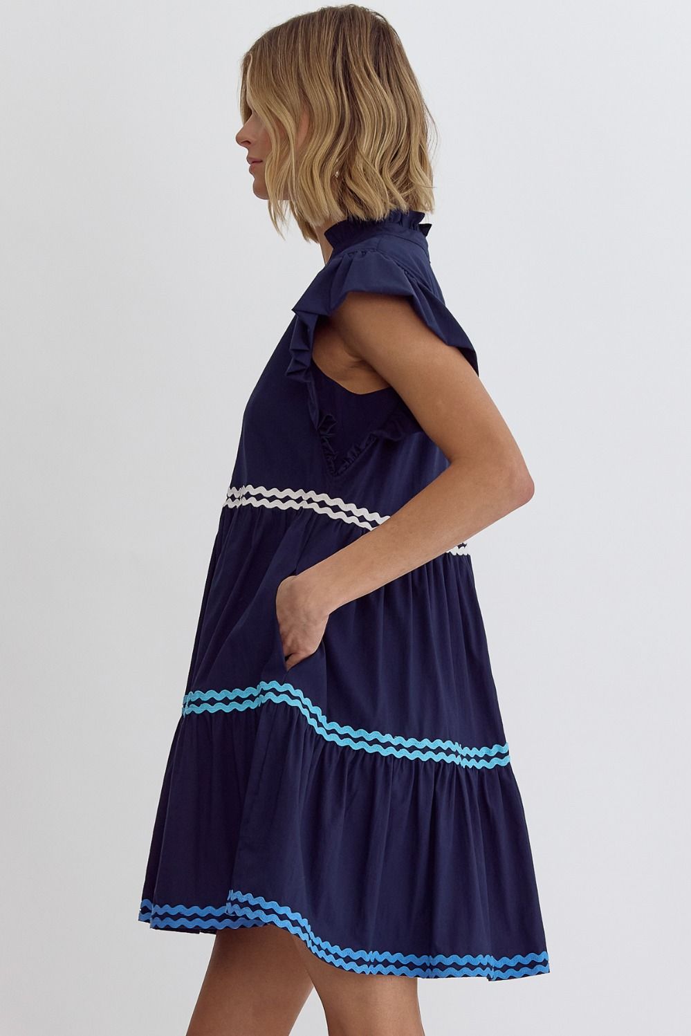 The Blue Waves Solid V-Neck Mini Dress