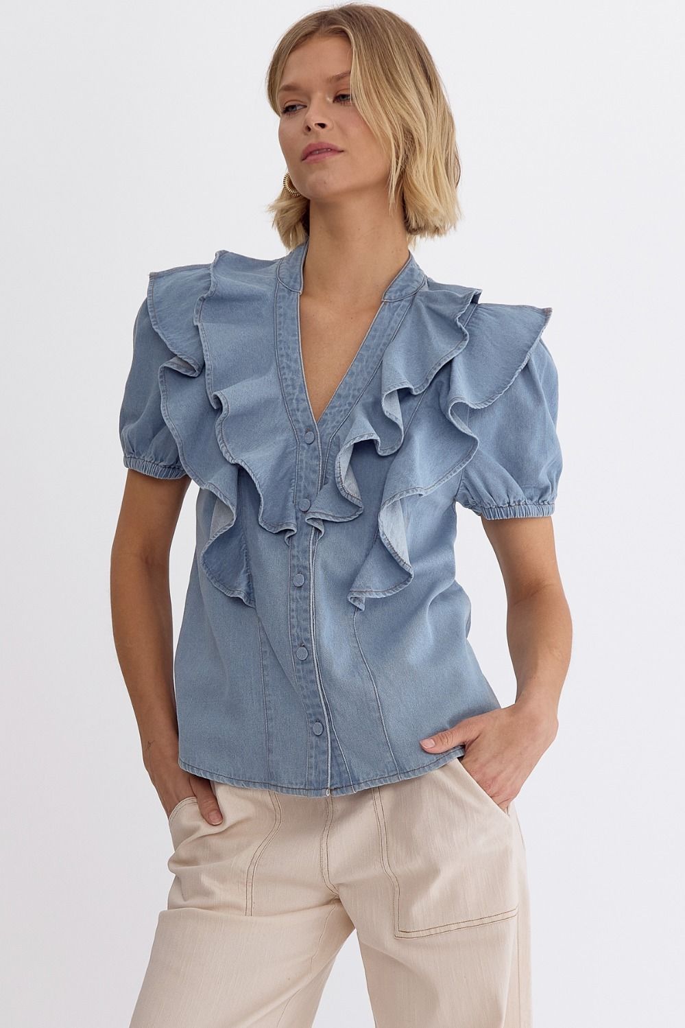 The Lola Denim V-Neck Button Up Short Sleeve Top