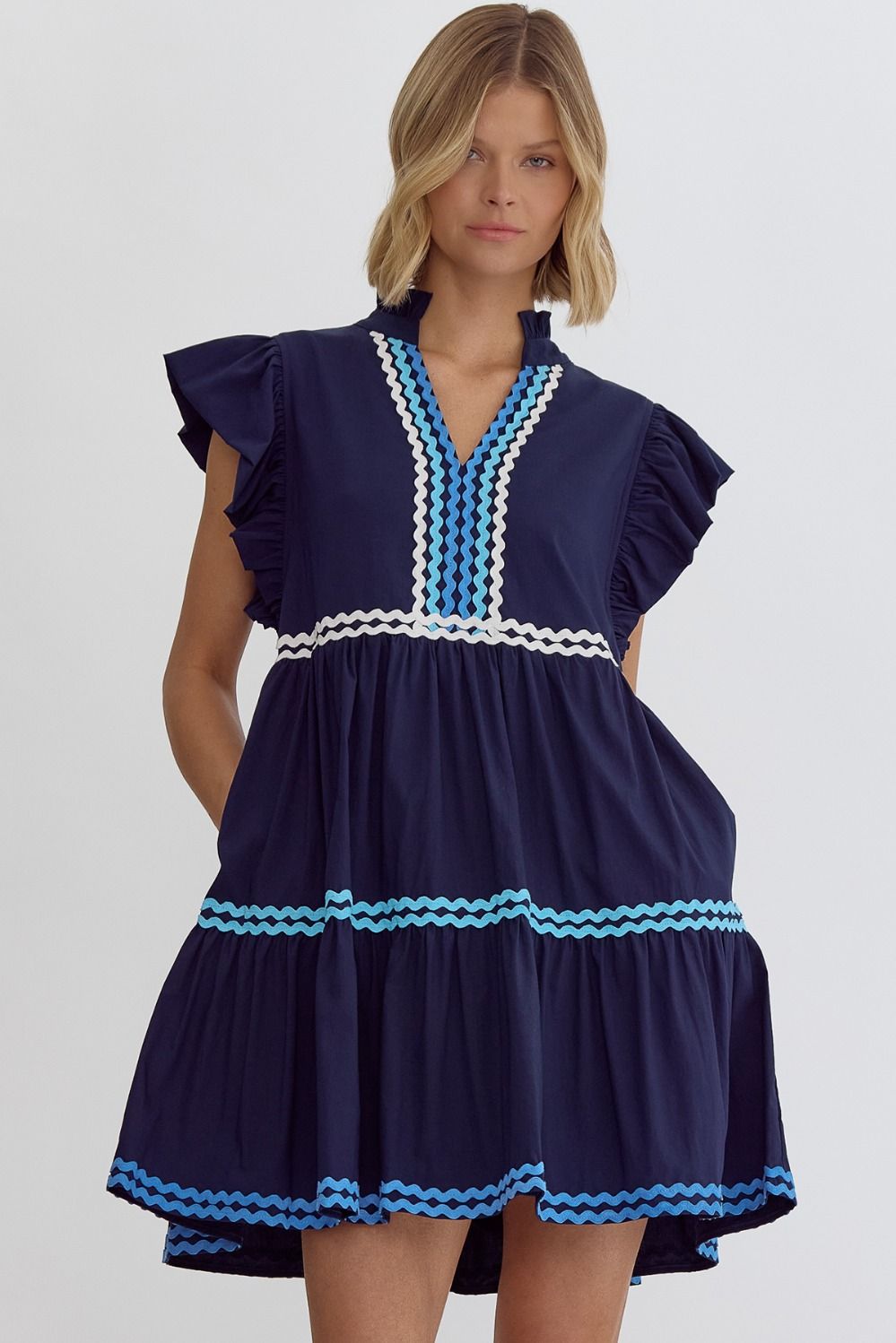 The Blue Waves Solid V-Neck Mini Dress