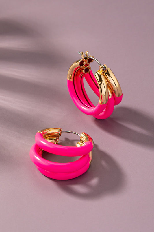 Triple Layer Tube Hoop Earrings FUSCHIA