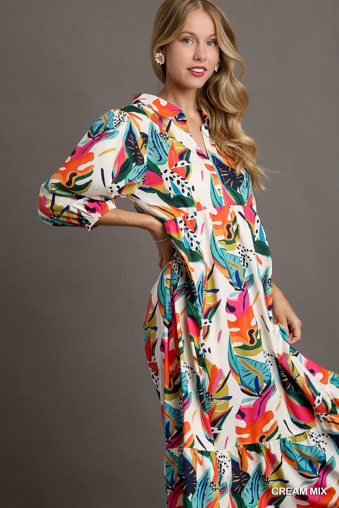 Trina Tropical Print A-Line Collared V-Neck Midi