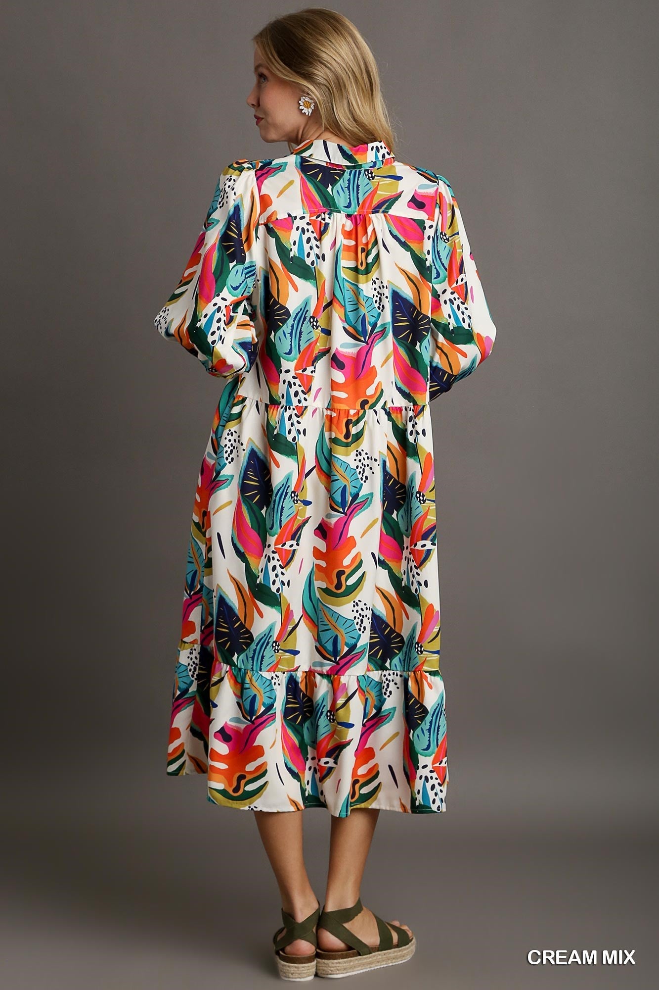 Trina Tropical Print A-Line Collared V-Neck Midi