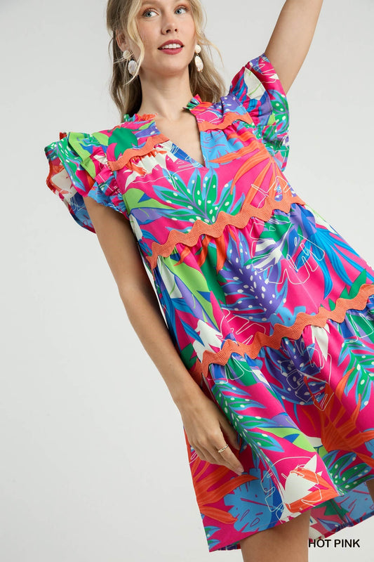 Tropical Print Tiered A-Line Dress