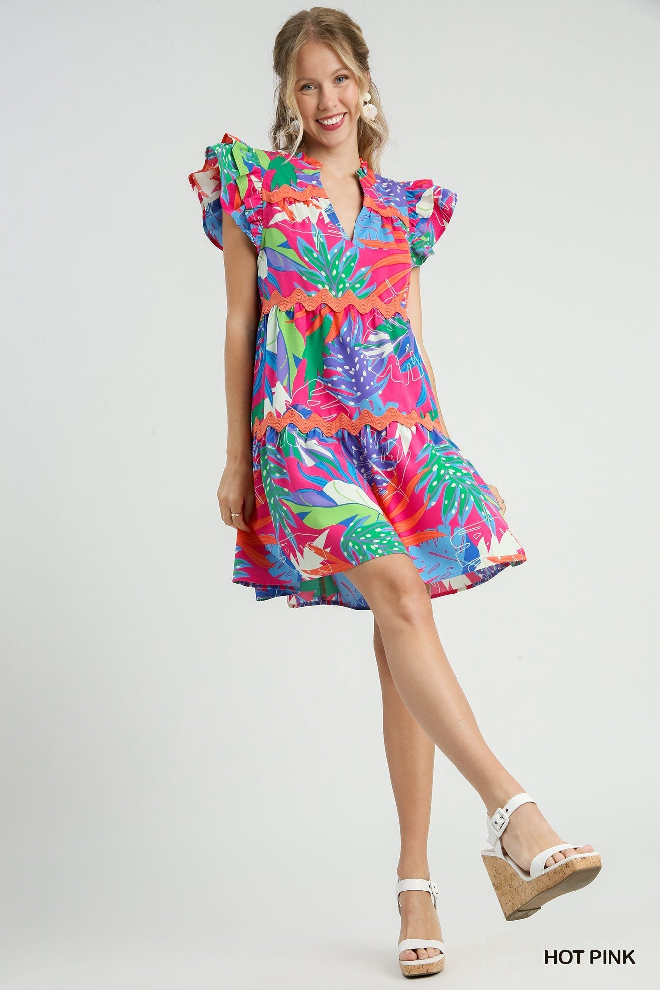 Tropical Print Tiered A-Line Dress