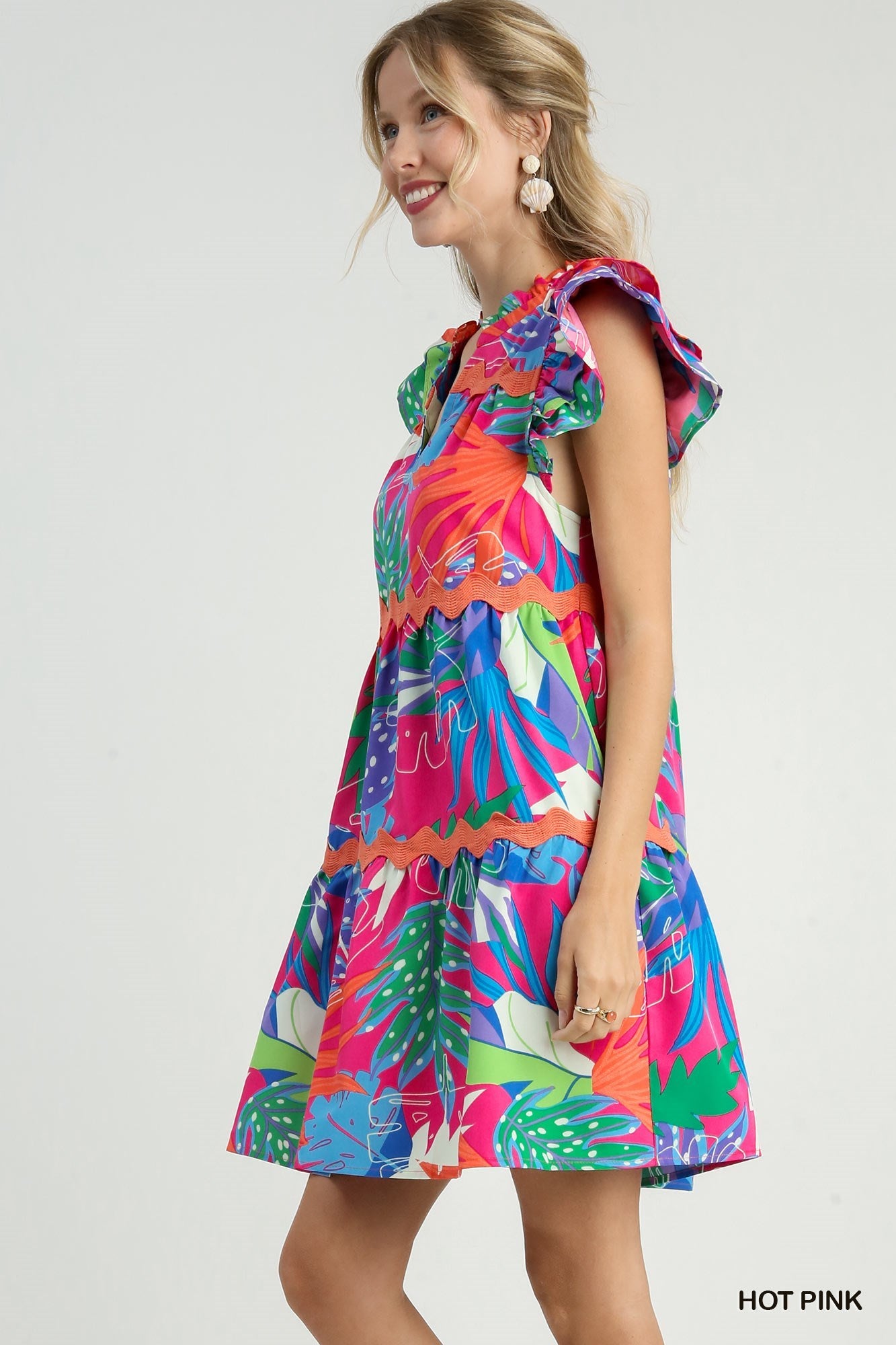 Tropical Print Tiered A-Line Dress