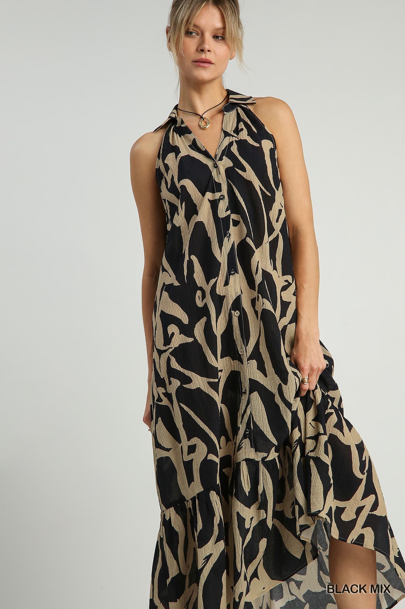 Artsy Two Tone Button Down Print Halter Neck Dress