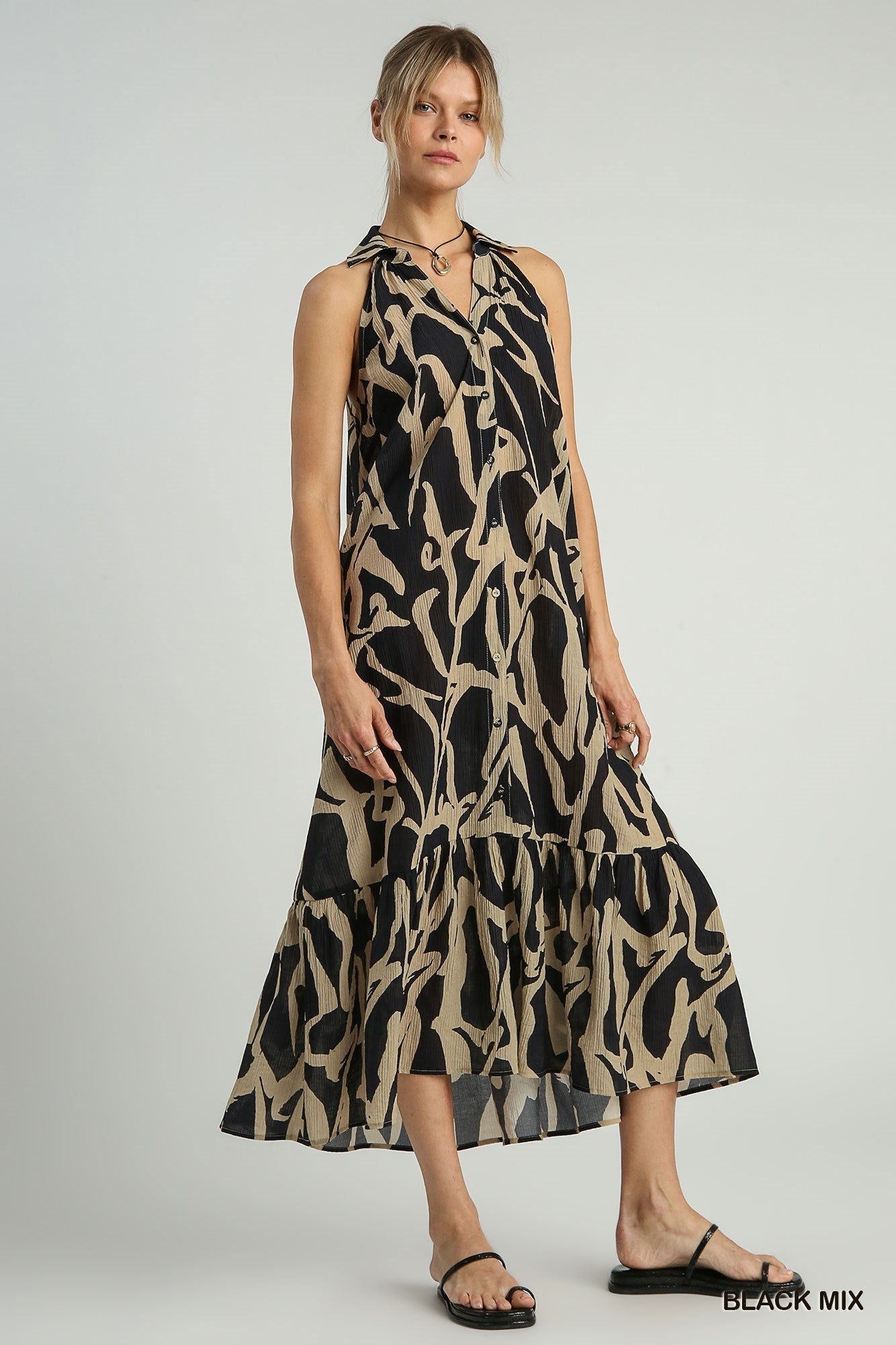 Artsy Two Tone Button Down Print Halter Neck Dress