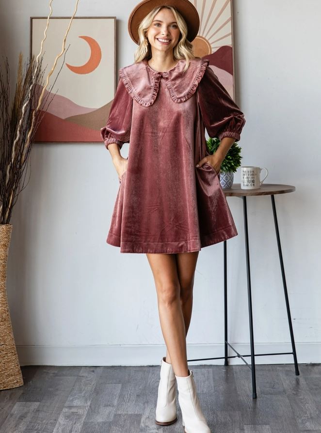 Velvet Puff Sleeve Peter Pan Collar Short Dress