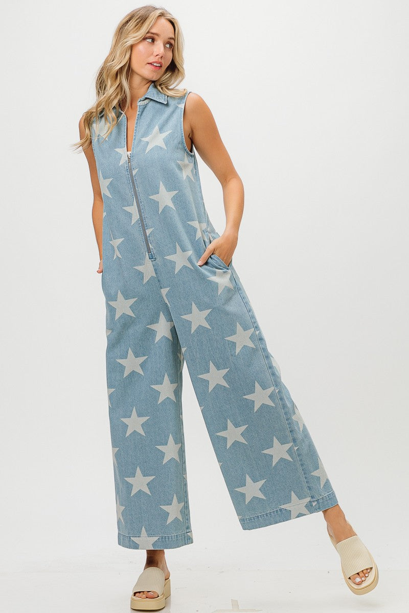 BIBI VINTAGE STAR PRINT DENIM ZIP UP JUMPSUIT