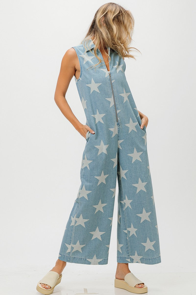 BIBI VINTAGE STAR PRINT DENIM ZIP UP JUMPSUIT