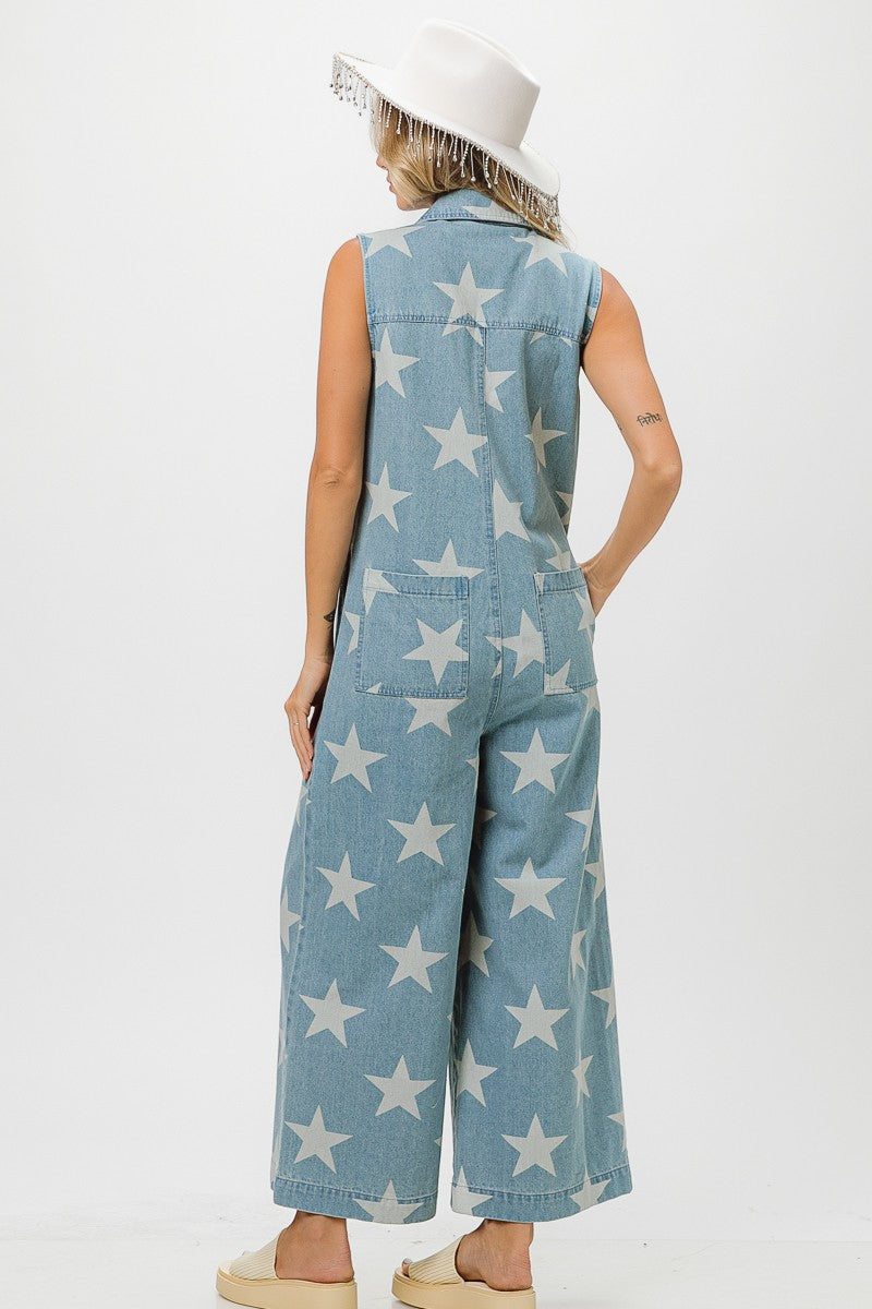 BIBI VINTAGE STAR PRINT DENIM ZIP UP JUMPSUIT