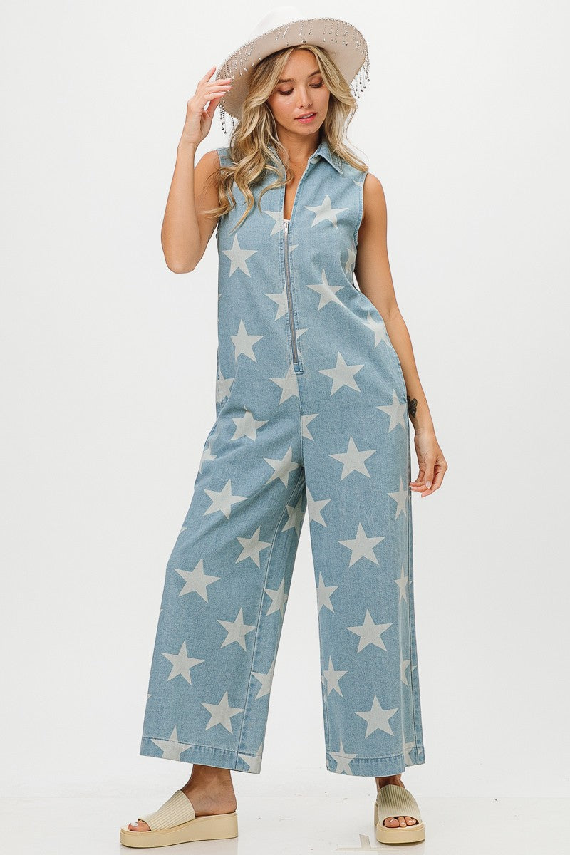 BIBI VINTAGE STAR PRINT DENIM ZIP UP JUMPSUIT