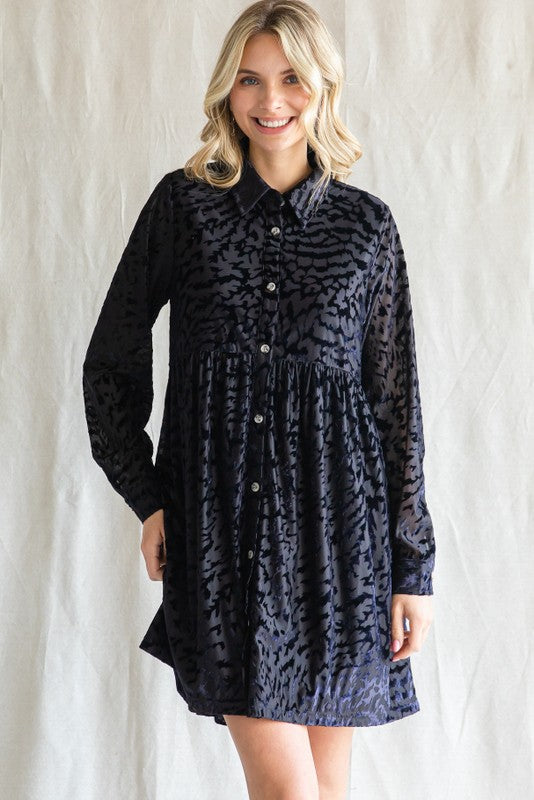 Velvet Leopard Button-up Baby Doll Dress