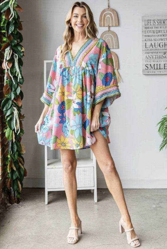 Vintage Big Floral Embroidered Pink Neckline Dress