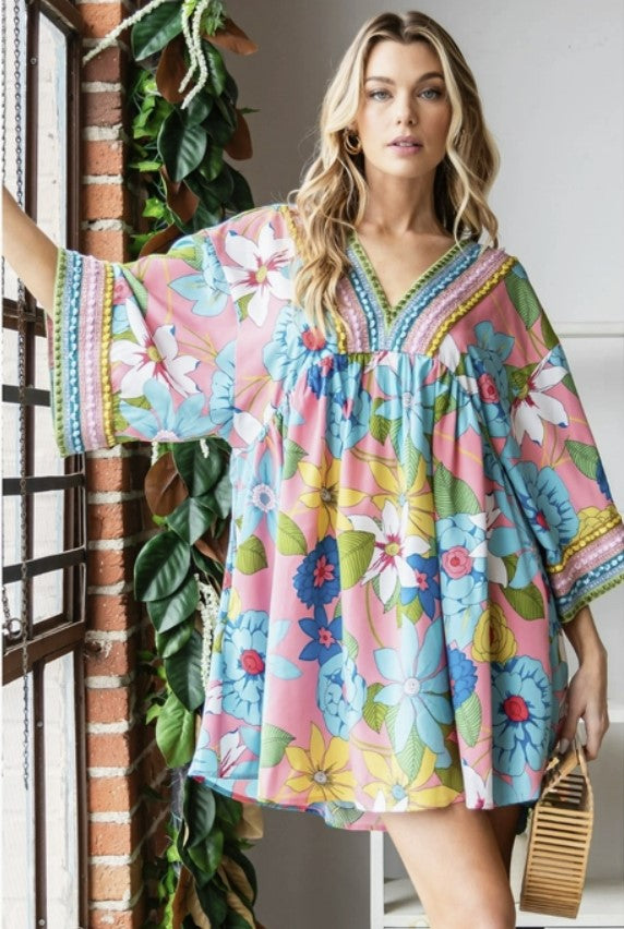 Vintage Big Floral Embroidered Pink Neckline Dress