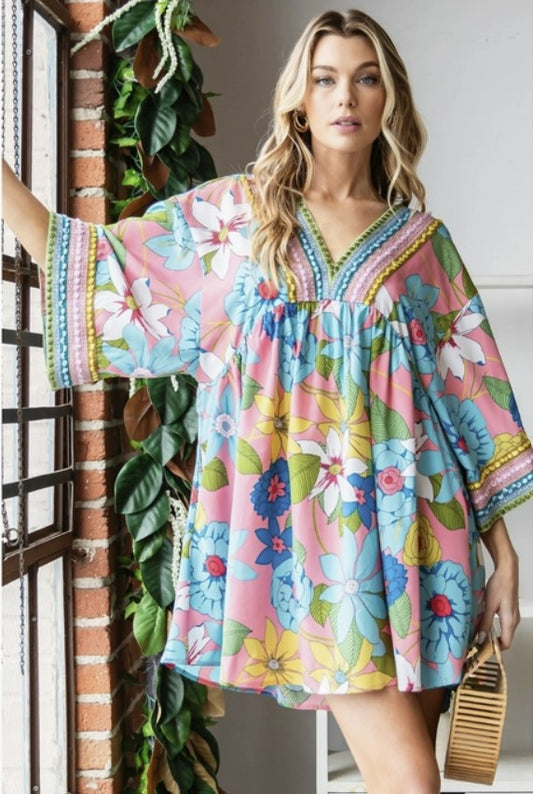 Vintage Big Floral Embroidered Pink Neckline Dress