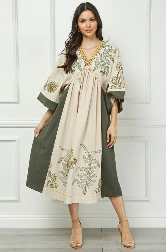 Vintage Embroidery Patch Maxi Dress Olive