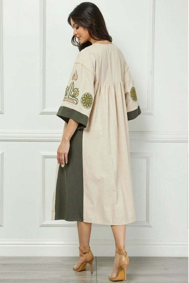 Vintage Embroidery Patch Maxi Dress Olive