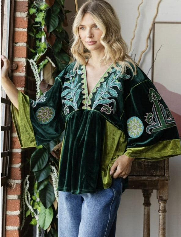 Vintage Embroidery Patch Velvet Top