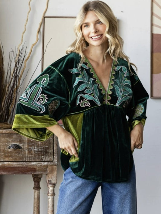 Vintage Embroidery Patch Velvet Top