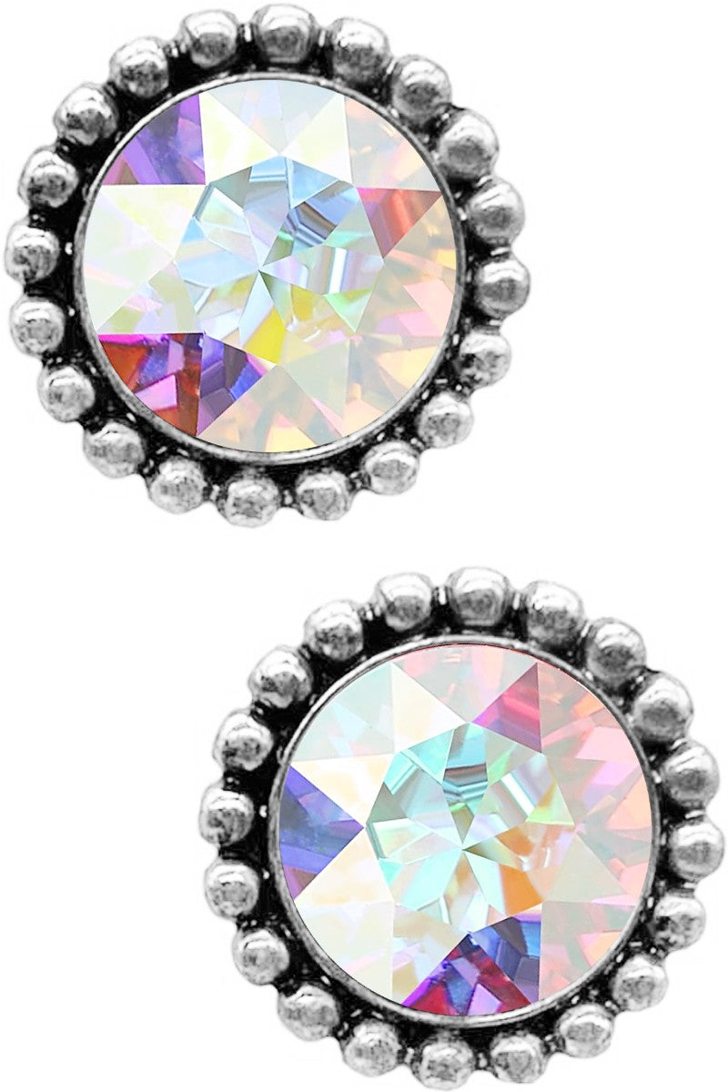 WESTERN GLASS STONE CONCHO FLOWER STUD EARRING AB