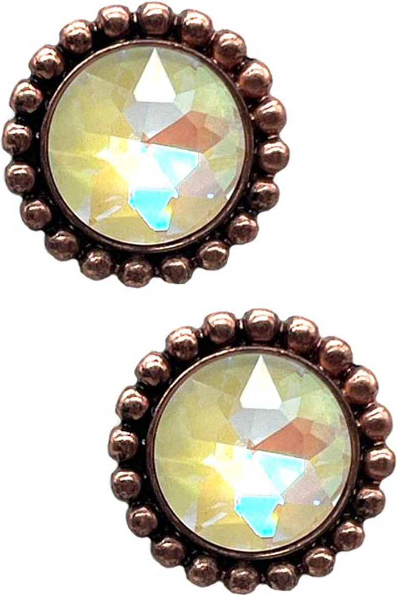 WESTERN GLASS STONE CONCHO FLOWER STUD EARRING COPPER