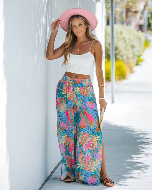 TROPICAL WIDE LEG PANTS WITH SIDE SLITS