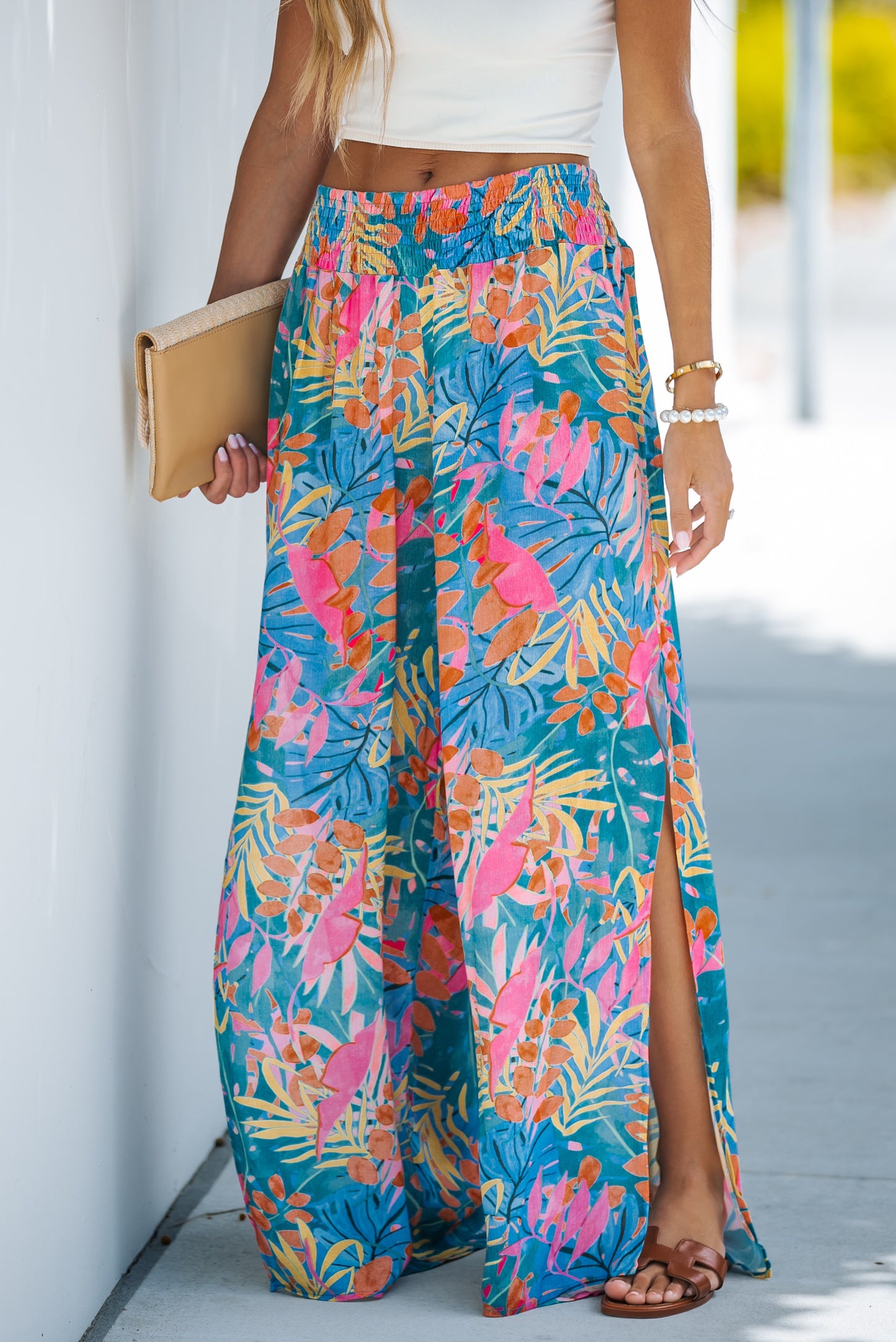 TROPICAL WIDE LEG PANTS WITH SIDE SLITS