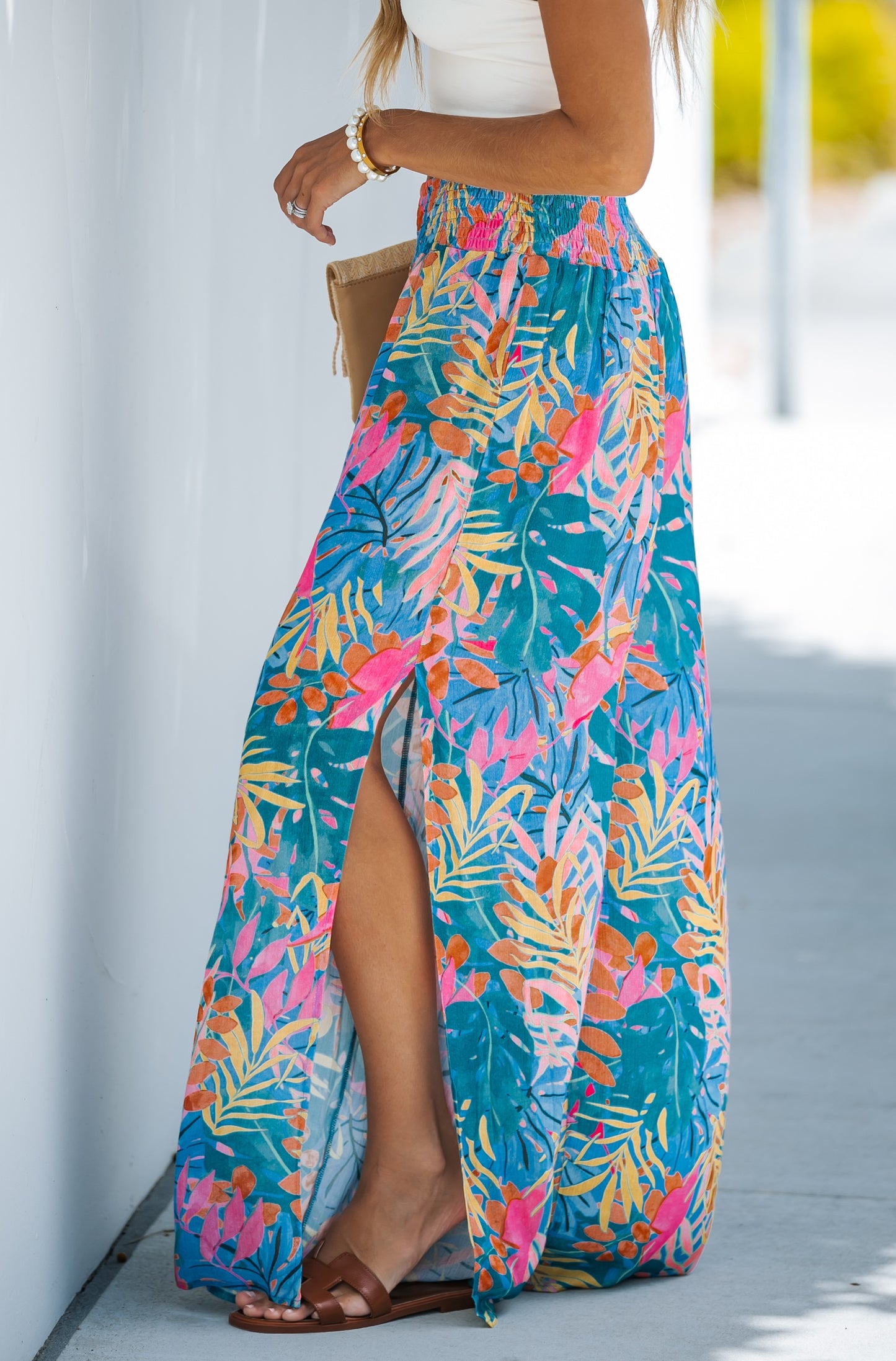 TROPICAL WIDE LEG PANTS WITH SIDE SLITS