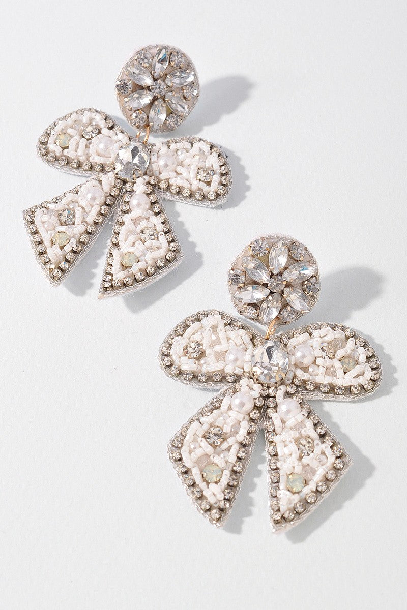 WHITE RHINESTONE RIBBON POST EARRINGS