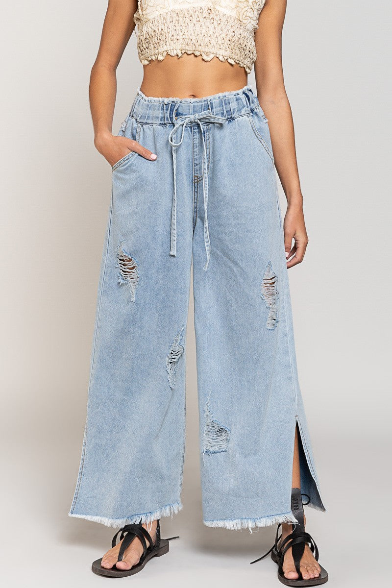 Wide leg Drawstring Elastic Waist Denim