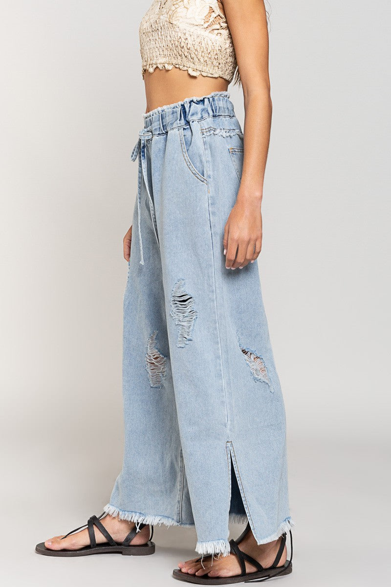 Wide leg Drawstring Elastic Waist Denim