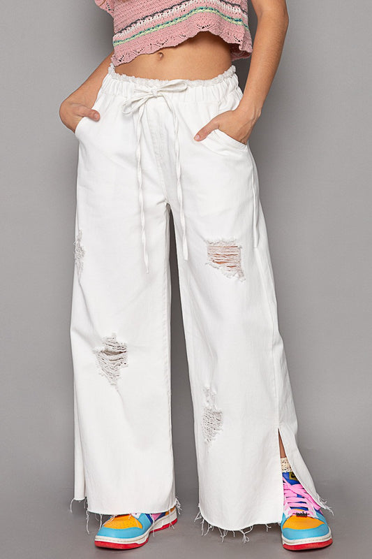 Wide leg Drawstring Elastic Waist White Denim