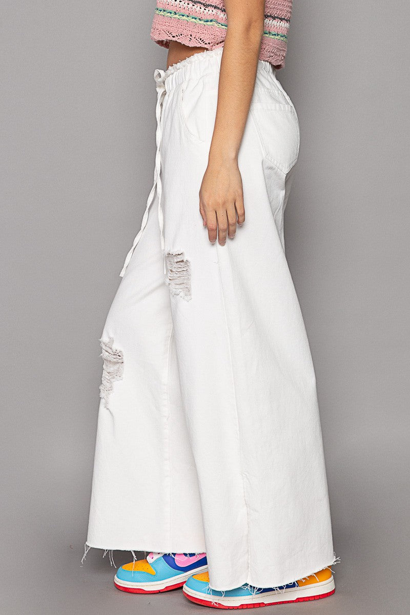 Wide leg Drawstring Elastic Waist White Denim