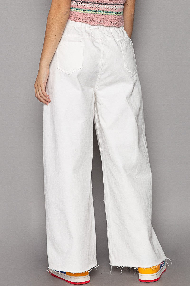 Wide leg Drawstring Elastic Waist White Denim