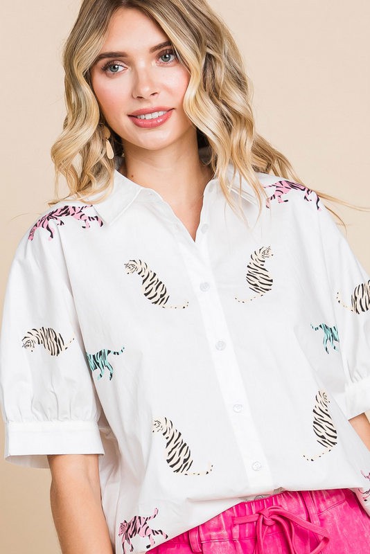 Animal Print Button-up Collar Top