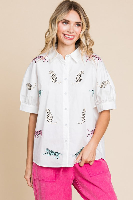 Animal Print Button-up Collar Top