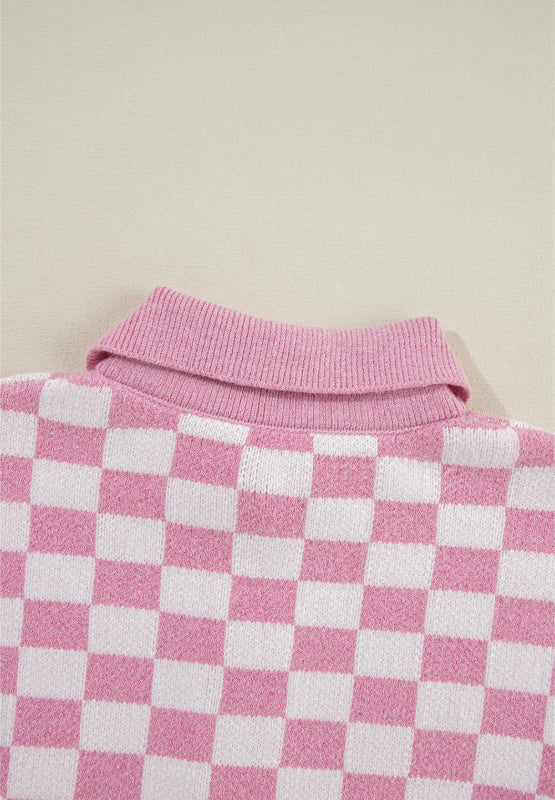 Checkered Collared Neck Long Sleeve Sweater