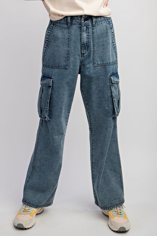 EASEL WIDE LEG WASHED DENIM CARGO PANTS