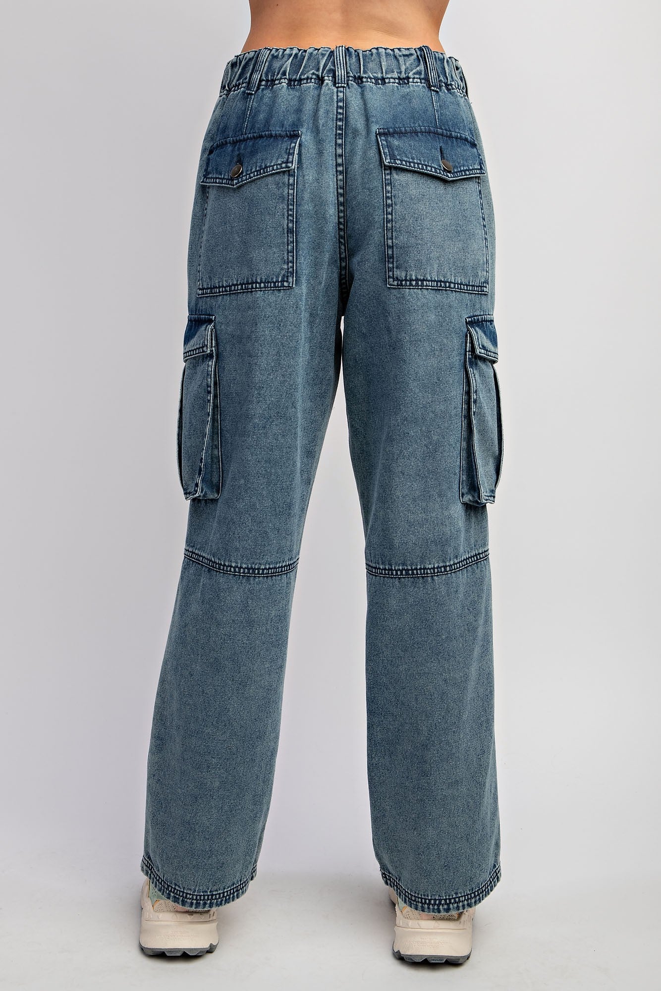 EASEL WIDE LEG WASHED DENIM CARGO PANTS