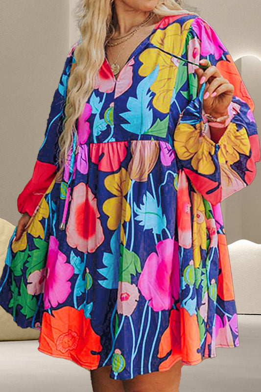 Plus Size Printed Tie Neck Long Sleeve Dress