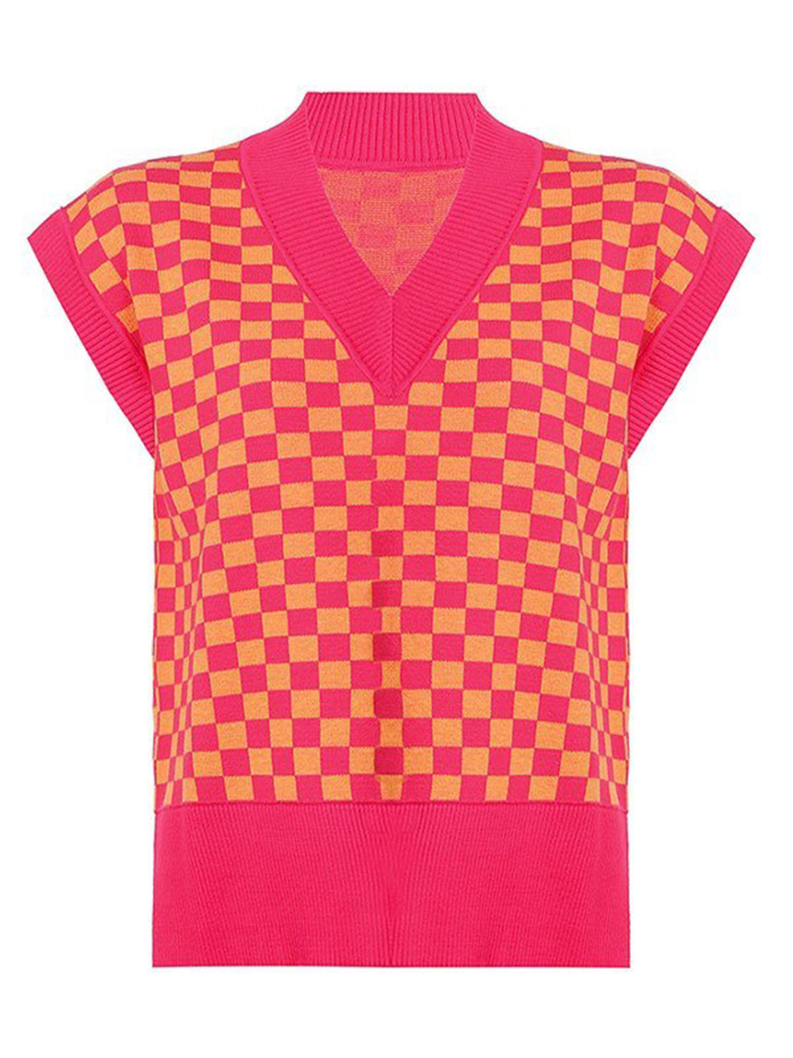 Full Size Checkered V-Neck Cap Sleeve Sweater