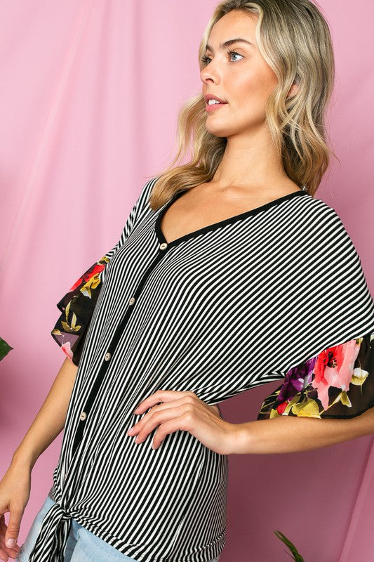 PLUS STRIPE FLORAL MIXED RUFFLE TOP