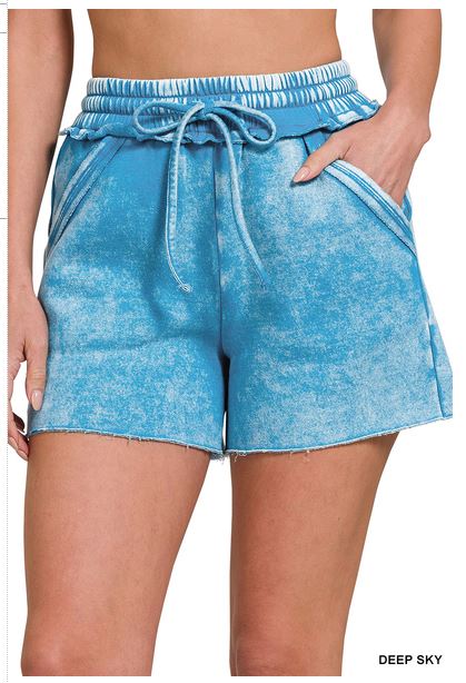 ZENANA ACID WASH DRAWSTRING SHORTS (DEEP SKY)