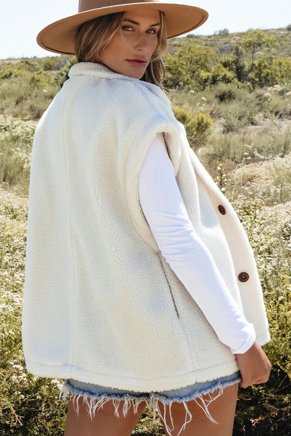 Fuzzy Mock Neck Button Up Vest Coat