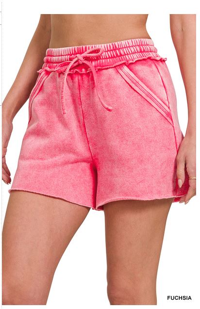 ZENANA ACID WASH DRAWSTRING SHORTS (FUSCHIA)