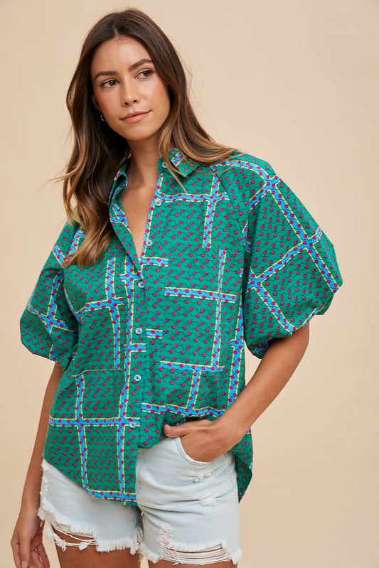 Gia Geometric Print Bubble Sleeve Button Down