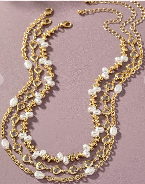 Glass Heart and Pearl Mixed Necklaces Set