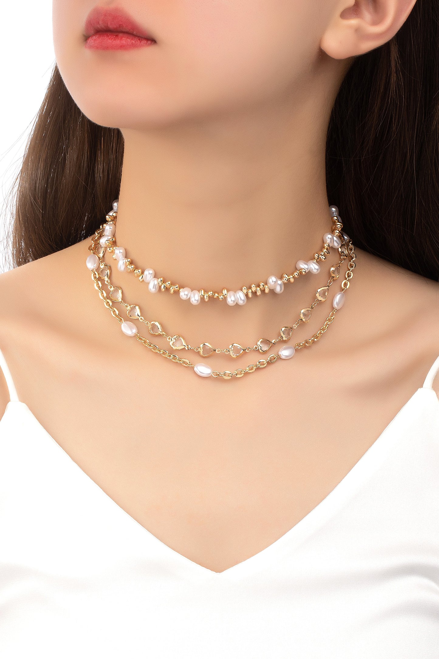 Glass Heart and Pearl Mixed Necklaces Set